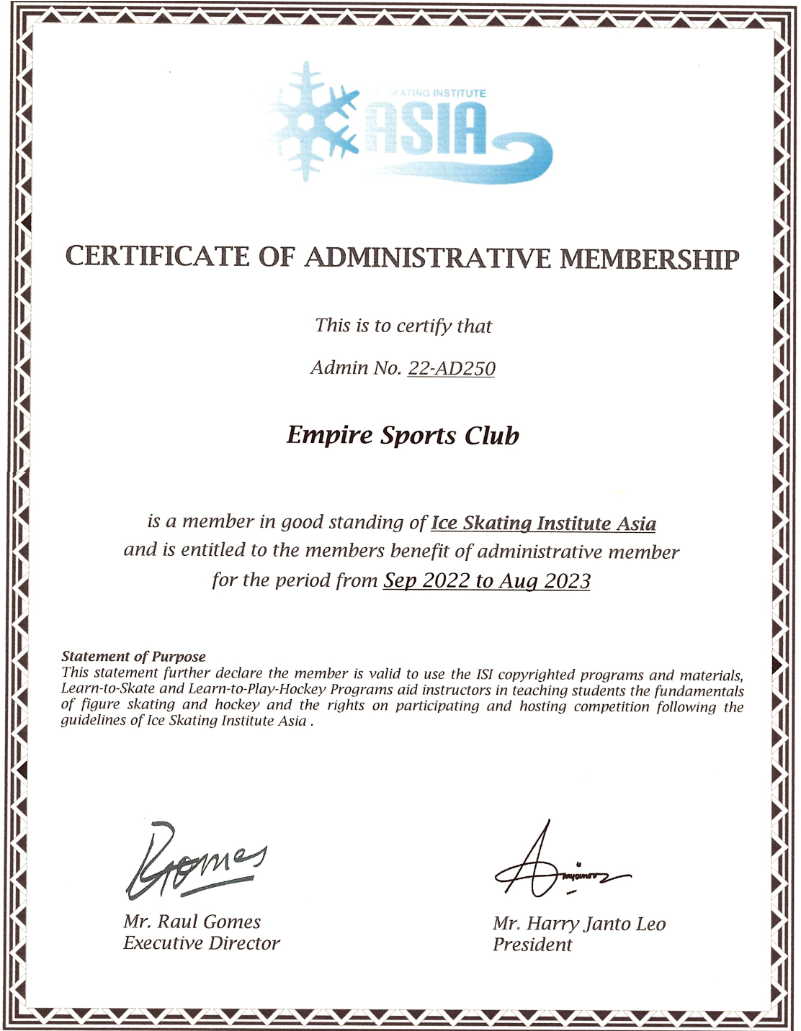 ISIAsia Certificate of Administrative Membership — Empire Sports Club